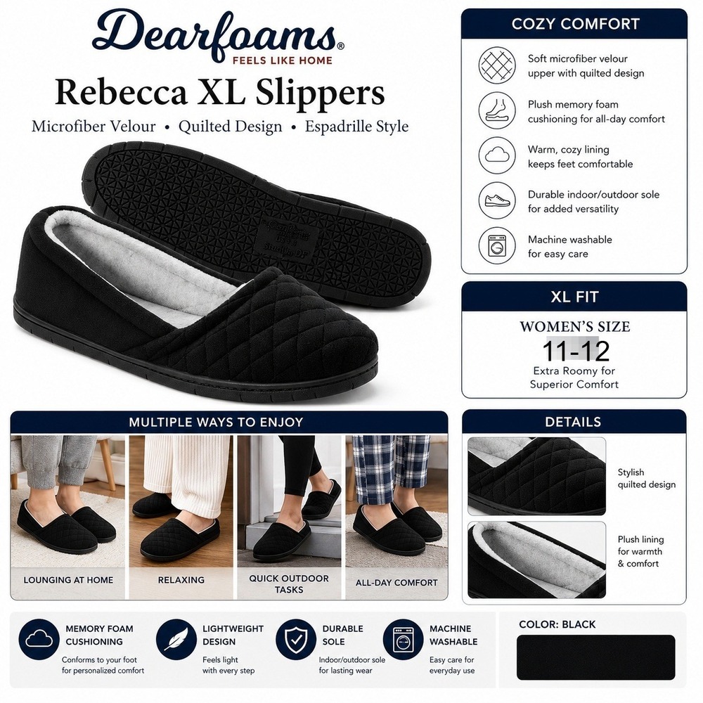 Dearfoams Womens Rebecca Microfiber Velour House Slippers Black XL 11-12